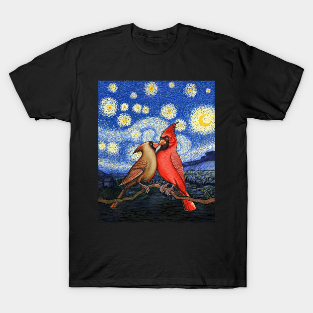 Red Cardinal bird Van Gogh starry night cute cardinals couple by Artardishop